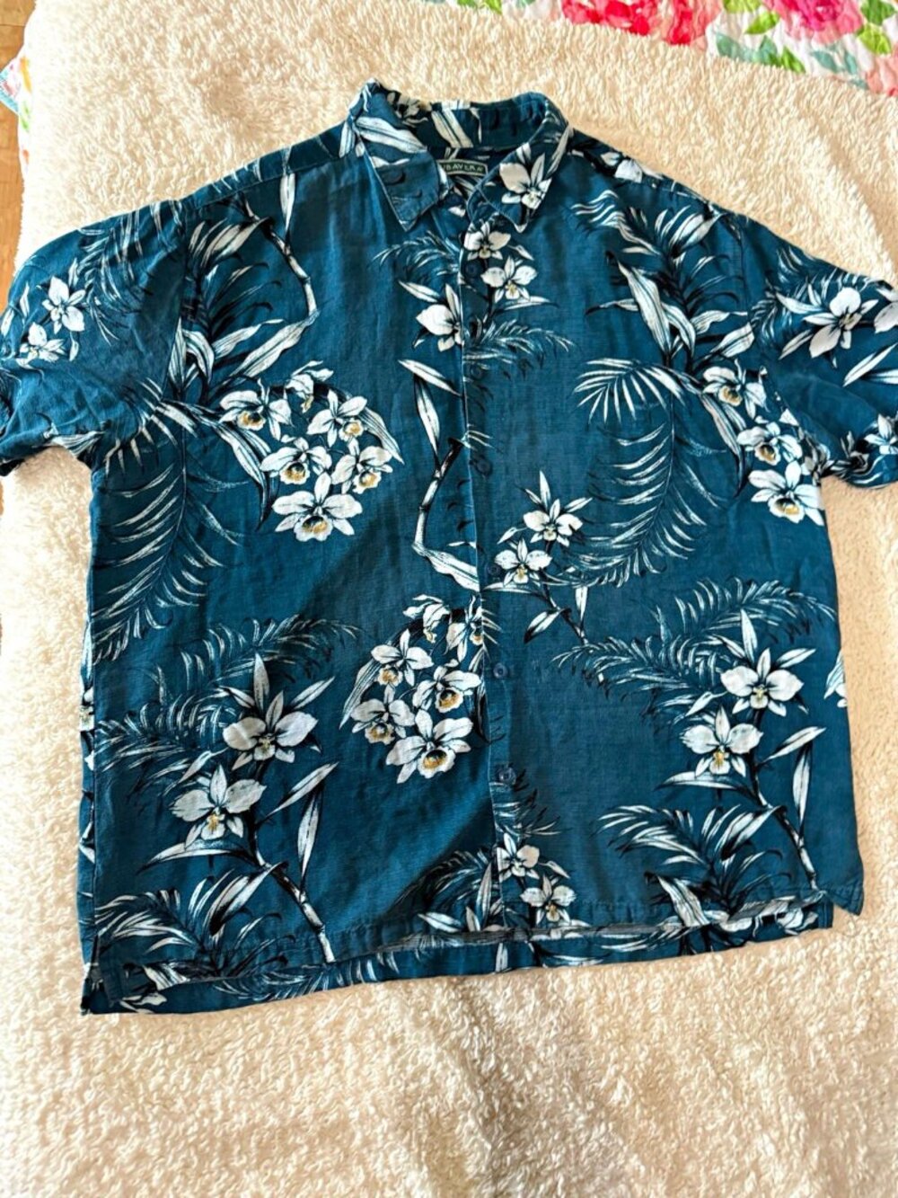 Cubavera Men's XL Blue/White Tropical Floral Cotton Short Sleeve Button-Up
